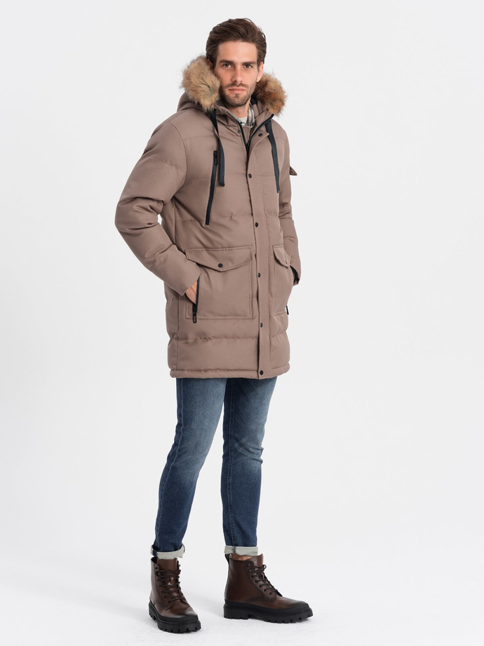 Kurtka męska parka zimowa - jasnobrązowa V6 OM-JALJ-0132