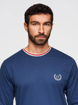 Men's cotton longsleeve with striped U neckline and embroidery - dark blue V3 OM-LSCL-0128