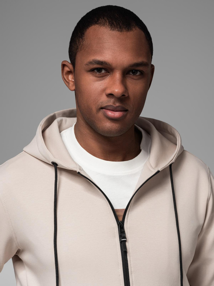 Dresowa rozpinana bluza hoodie w stylu streetwearowym – piaskowa V6 OM-SSZP-0213