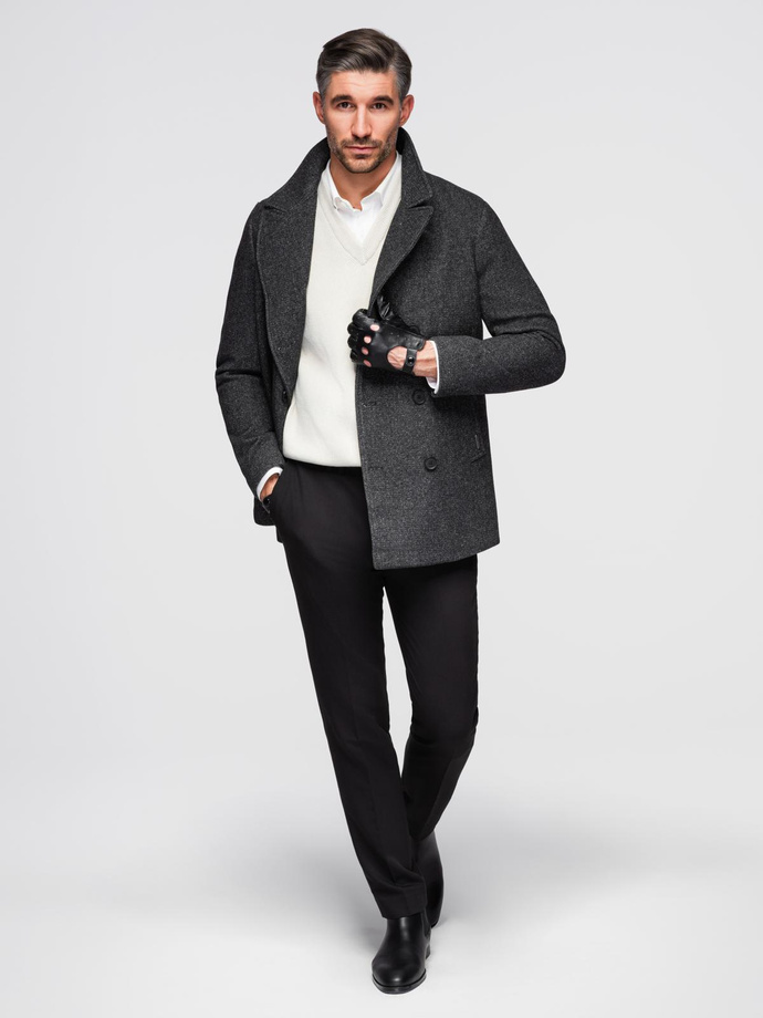 Men's short double-breasted wool coat - graphite V1 OM-COWC-0115
