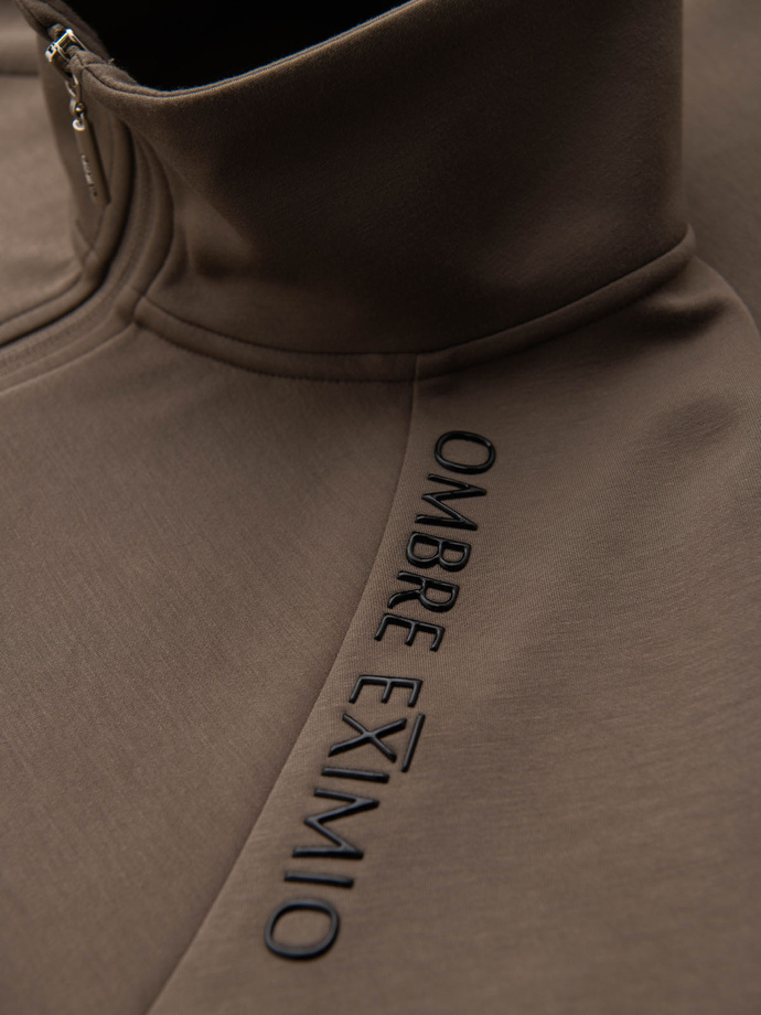 Men's sweatshirt with contrasting print and unbuttoned high collar - grey-brown V3 OM-SSZP-0211