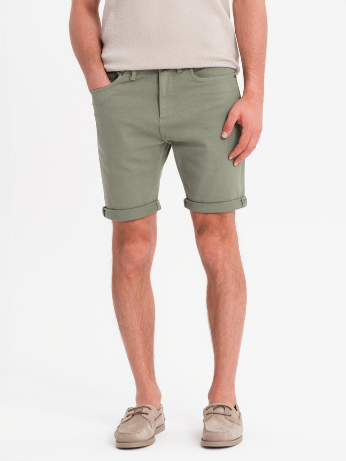 Men's classic denim shorts with rolled up leg - light olive V5 OM-SRDS-0162