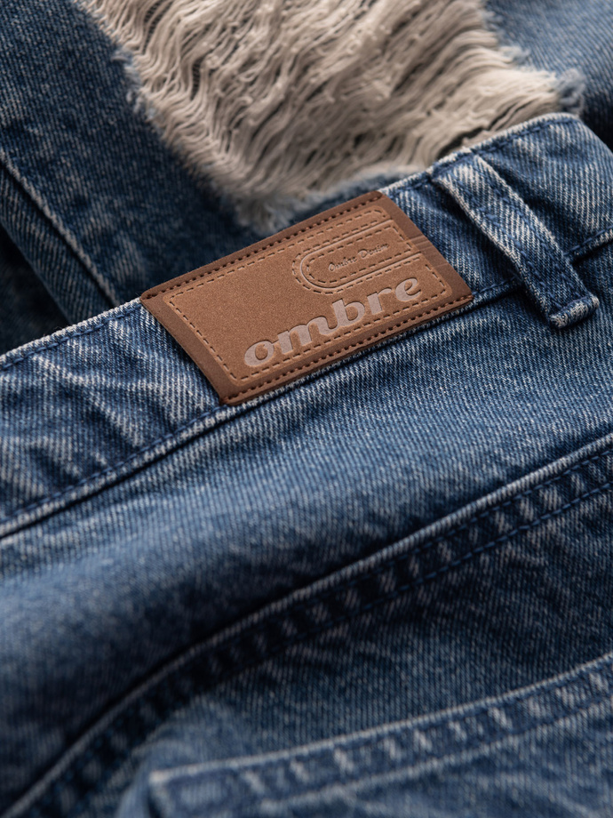 Men's TAPERED FIT denim pants with holes - dark blue V3 OM-PADP-0175