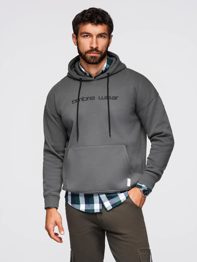 Men's kangaroo sweatshirt with embroidery and hood - graphite V2 OM-SSNZ-0241