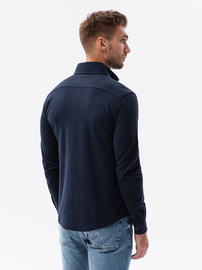 Men's knitted SLIM FIT long sleeve shirt - navy blue V2 OM-SHCS-0177