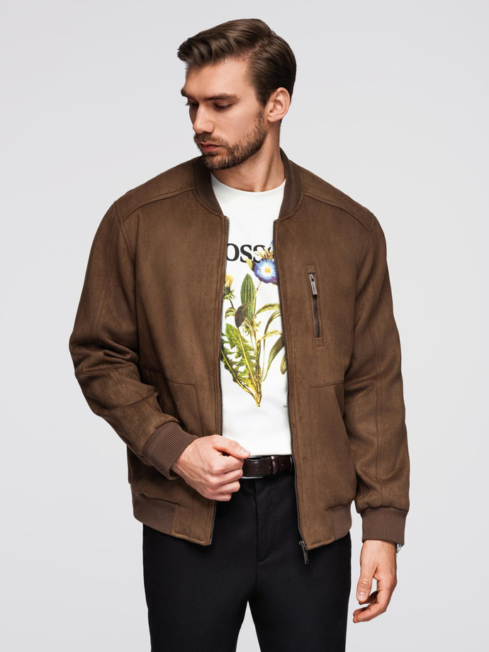 Men's imitation leather jacket with ribbed hem - dark brown V1 OM-JAFL-0109