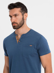 Men's T-shirt with button neckline and suede trim - dark blue V2 OM-TSCT-0206