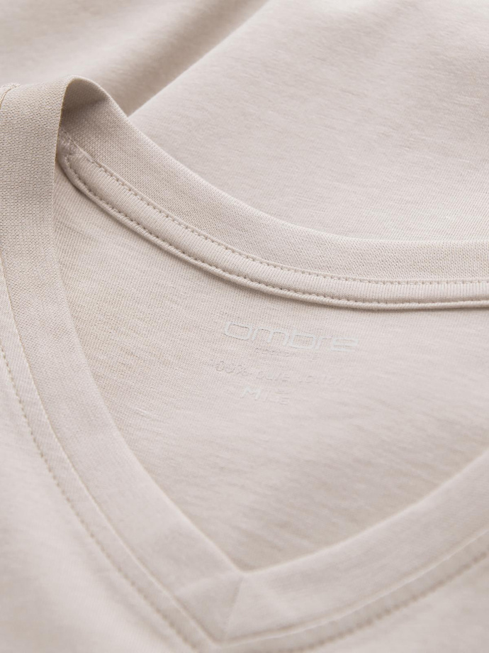 Longsleeve męski bez nadruku z dekoltem w serek - jasnobeżowy V1 OM-LSBL-0108