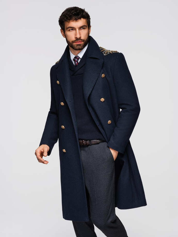 Men's double-breasted coat with wool and decorative shoulder applications - V1 navy blue OM-COWC-0150