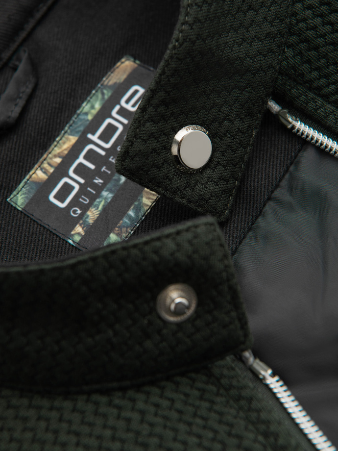 Strukturalna kurtka biker męska ze stójką  – ciemnozielona V3 OM-JANP-0229