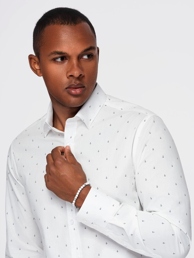 Classic men's cotton SLIM FIT shirt with anchors - white V3 OM-SHCS-0156