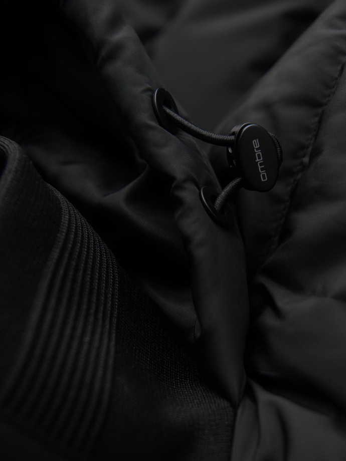 Quilted bomber jacket with hood and knitted sleeves - black V1 OM-JALP-0298