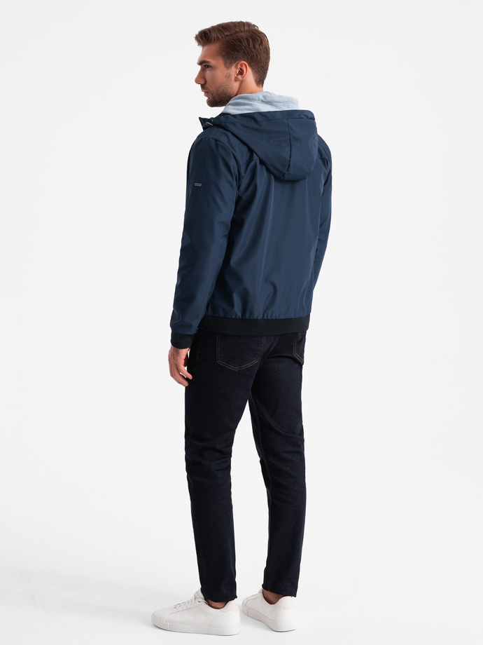 Men's lightweight jacket with hood and mesh lining - navy blue V1 OM-JANP-0149