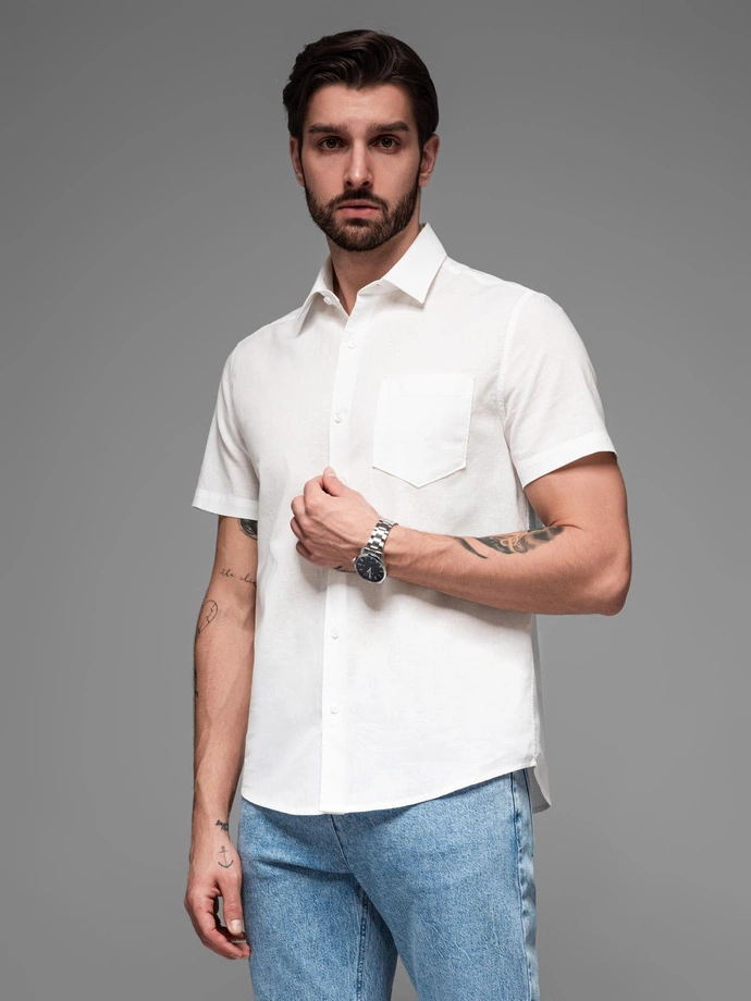 Men's short sleeve shirt with Cuban collar - dark beige V3 OM-SHSS-0168