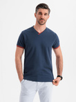Men's T-shirt with contrasting inserts and v-neck - navy blue V1 OM-TSCT-0198