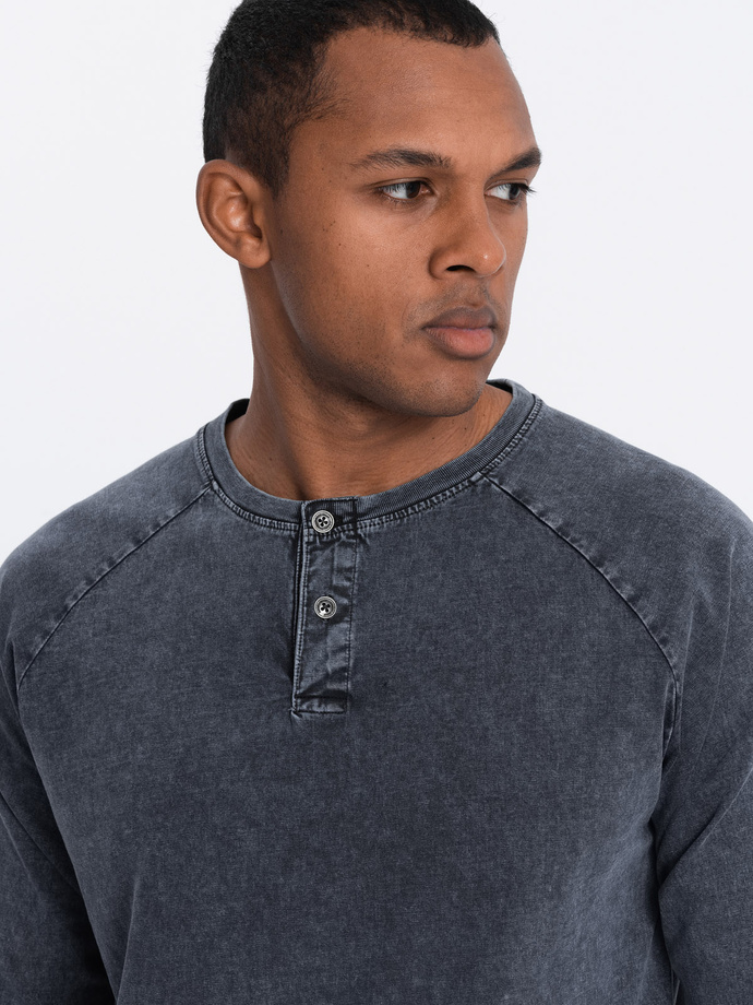 Longsleeve męski washowany henley z raglanowymi rękawami - ciemnogranatowy V2 OM-LSWL-22FW-001