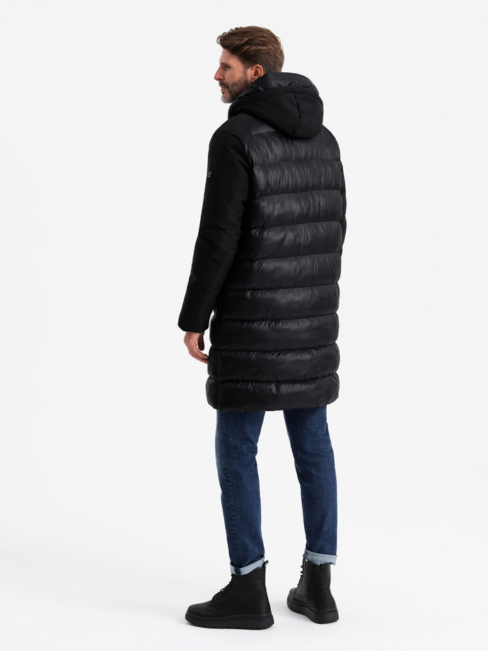 Men's long quilted jacket with large pockets - black V1 OM-JALJ-0165