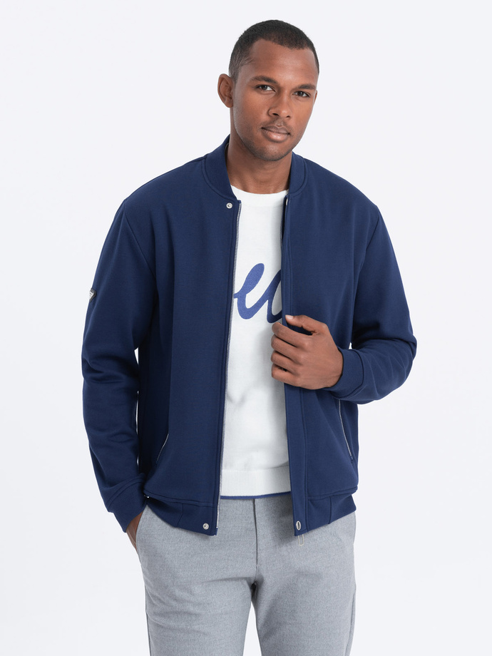 Men's unbuttoned bomber sweatshirt - dark blue V2 OM-SSZP-22FW-011