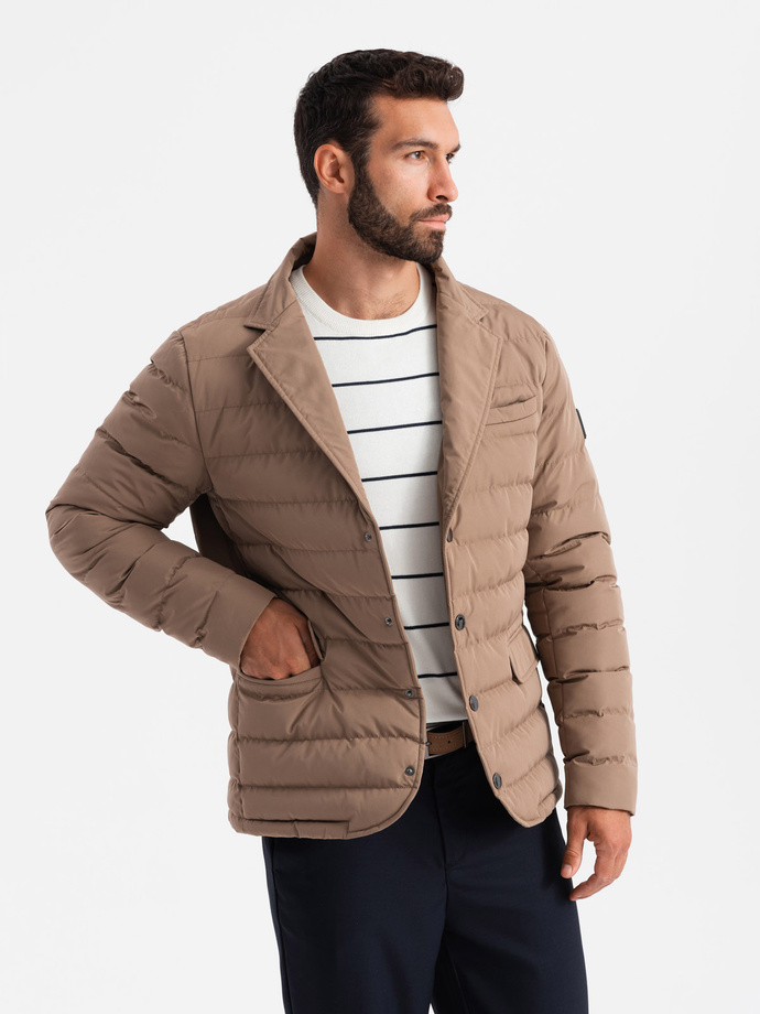 Men's quilted jacket with jacket cut - beige V5 OM-JALP-0188