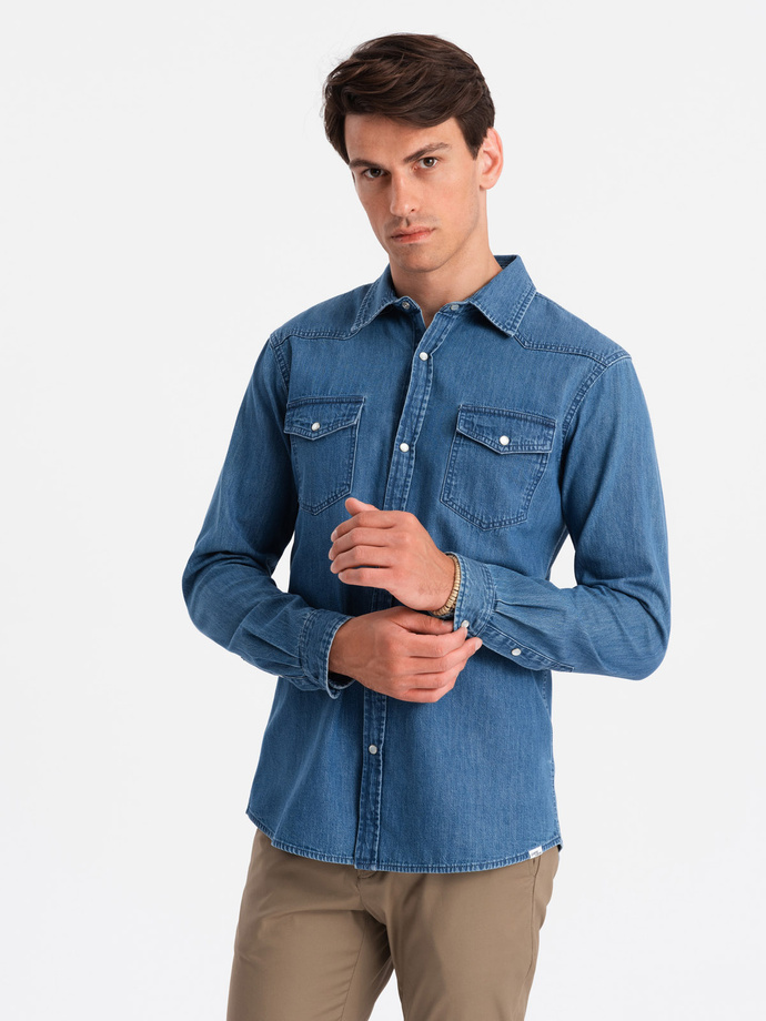 Men's denim snap shirt with pockets - blue V2 OM-SHDS-0115