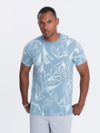 Męski t-shirt fullprint w kontrastowe liście - błękitny V2 OM-TSFP-0180