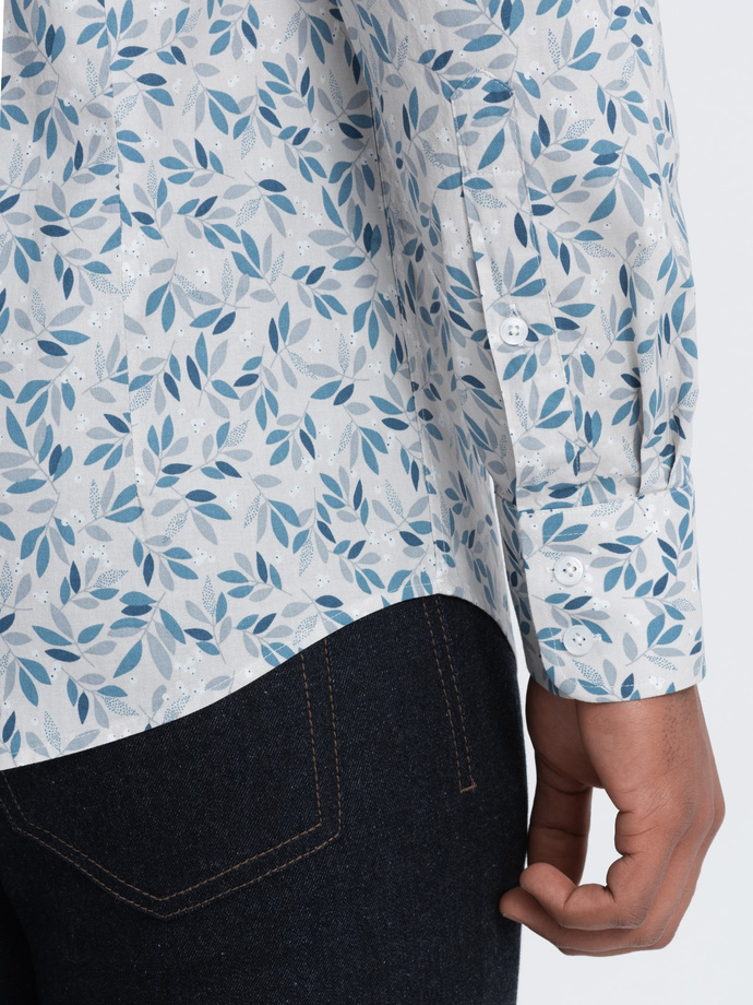 Koszula męska SLIM FIT w print gałązek - niebiesko-szara V2 OM-SHPS-0163