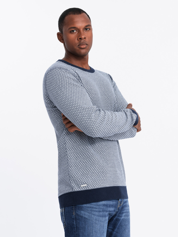 Knitted men's RELAXED FIT sweater with patterns - navy blue V1 OM-SWSW-0111