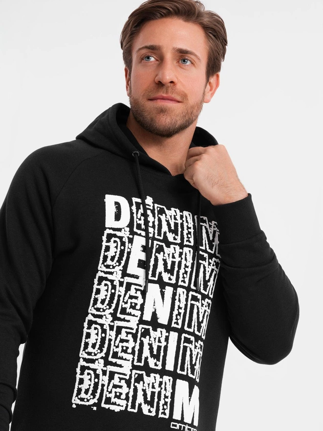 Men's unlined kangaroo sweatshirt with hood and print - black V1 OM-SSPS-0158