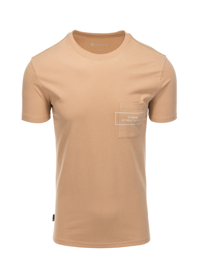 Men's cotton t-shirt with pocket print - light brown V6 S1742