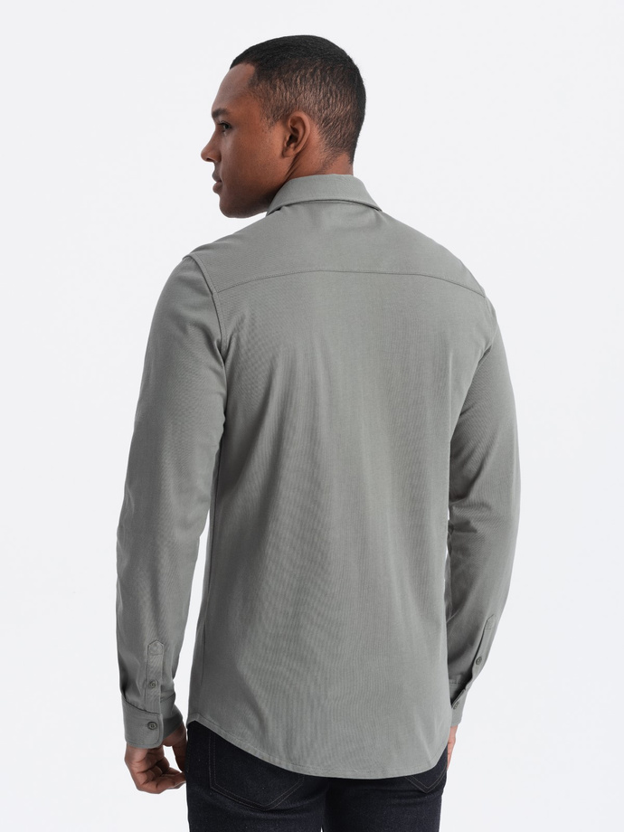 Bawełniana męska koszula REGULAR z dzianiny single jersey - jasny khaki V4 OM-SHCS-0138