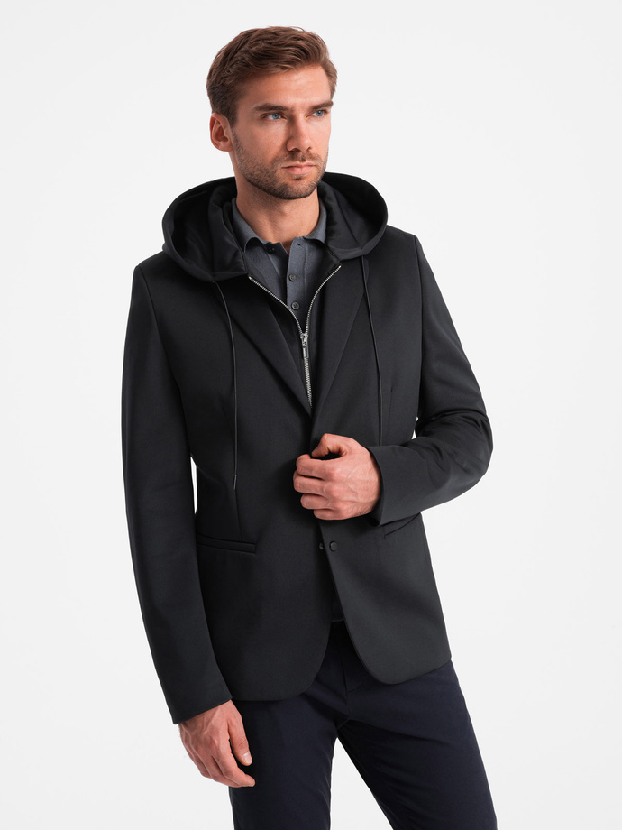 Men's blazer with detachable underlining and hood - black V1 OM-BLZB-0126