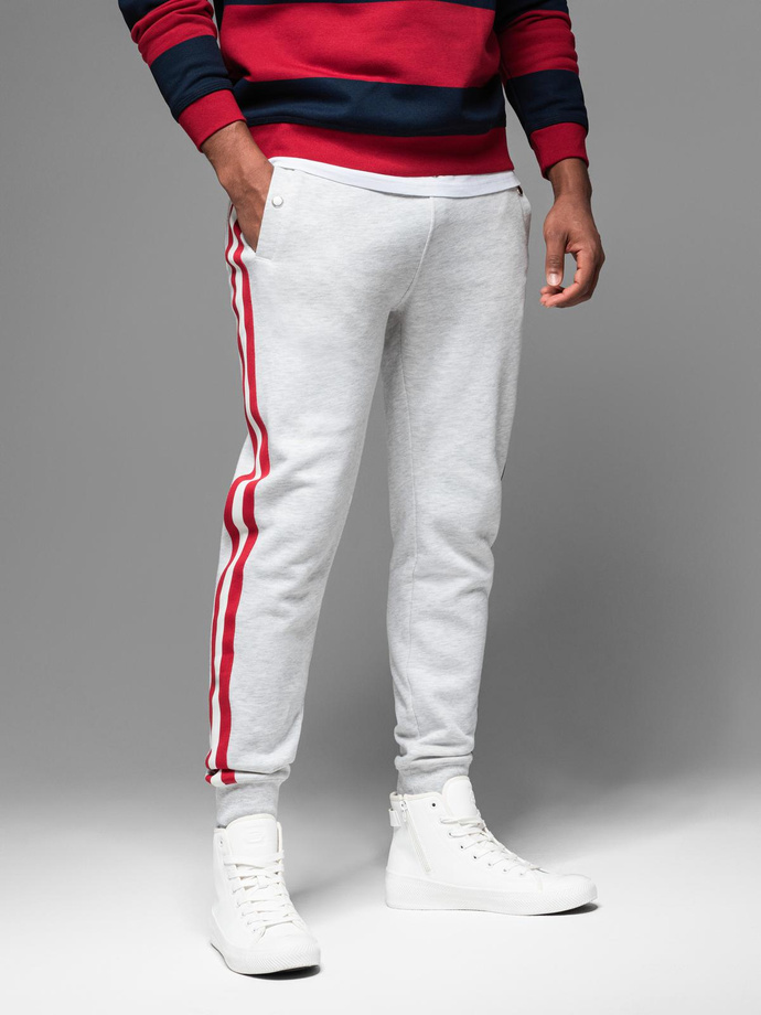 Men's sweatpants with piping and ribbing on legs - grey melange V1 OM-PASK-0258