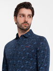 Men's cotton shirt with floral motif - navy blue V1 OM-SHCS-0159
