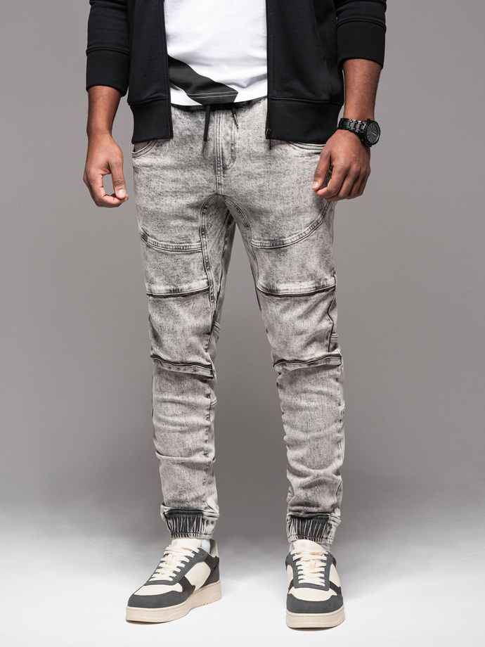 Men's denim jogger pants with rips and zippers - gray V4 OM-PADJ-0243