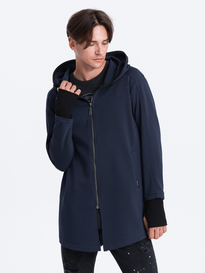 Longer men's unbuttoned sweatshirt with spacious hood PRAGA - navy blue B1369