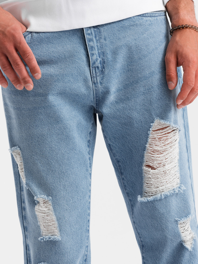 Men's TAPERED FIT denim pants with holes - light blue V1 OM-PADP-0175