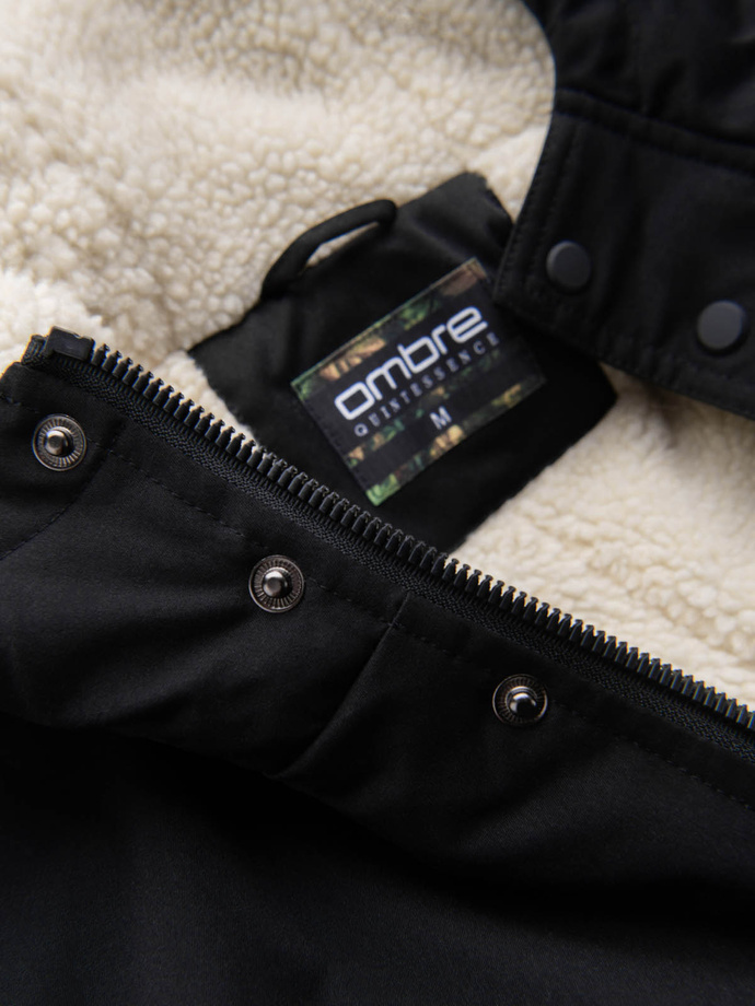 Męska długa kurtka parka sherpa – black V4 OM-JALJ-0181