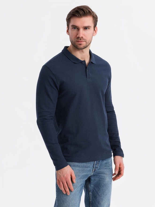 Męski longsleeve BASIC z kołnierzykiem polo – granatowy V3 OM-POBL-0114
