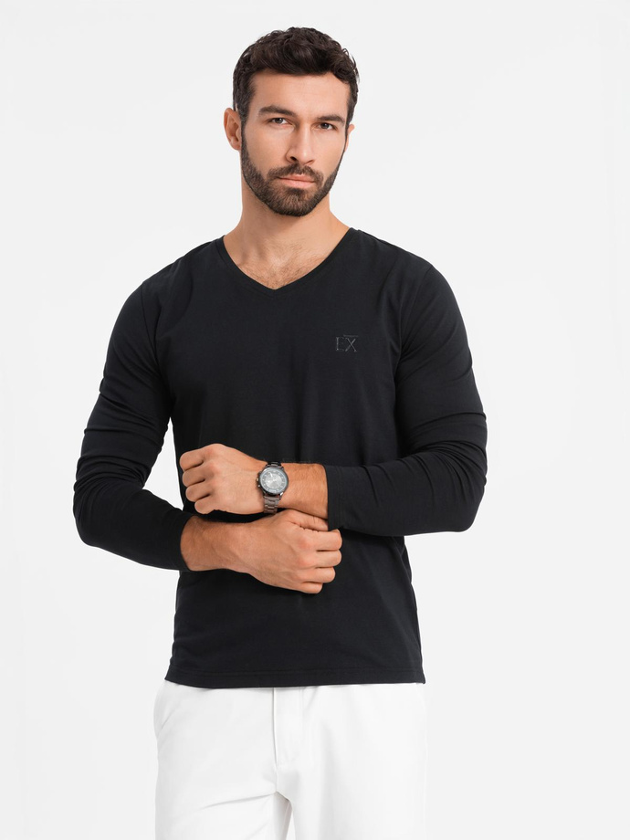 Longsleeve męski V-neck SLIM FIT z elastanem i printem – czarny V1 OM-LSBC-0123