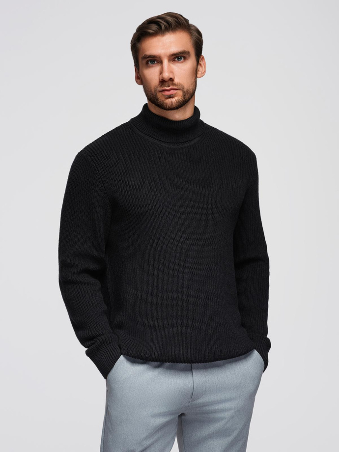 Sweter klasyczny męski z golfem z bawełny - czarny V4 OM-SWTN-0162