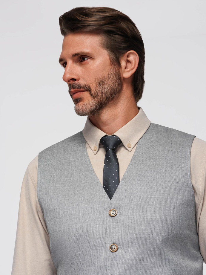 Garniturowa żakardowa męska kamizelka bez klap - jasnoszara V1 OM-BLZV-0106