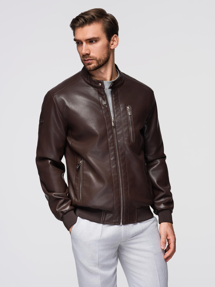 Men's imitation leather jacket with ribbed hem - dark brown V1 OM-JAFL-0109