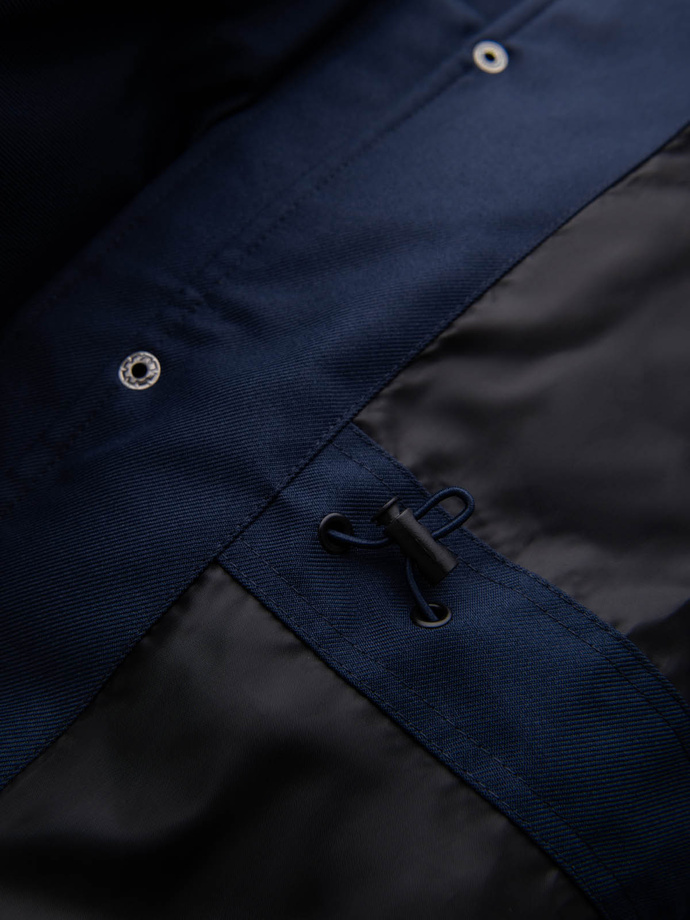 Men's long warm parka hooded jacket - navy blue V1 OM-JALJ-0182