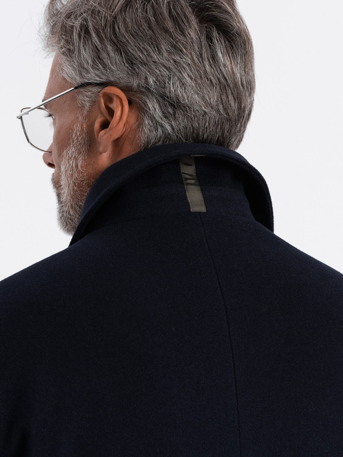 Men's long single-breasted coat with collar and undercoat - navy blue V3 OM-COWC-0106