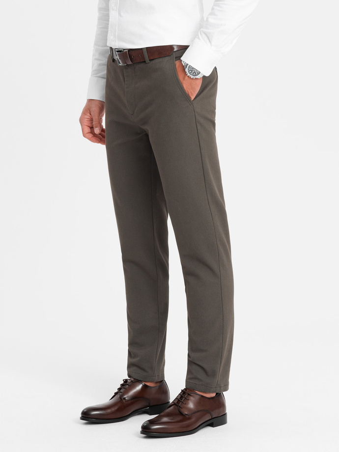 Klasyczne spodnie męskie chino z delikatną teksturą - khaki V2 OM-PACP-0188