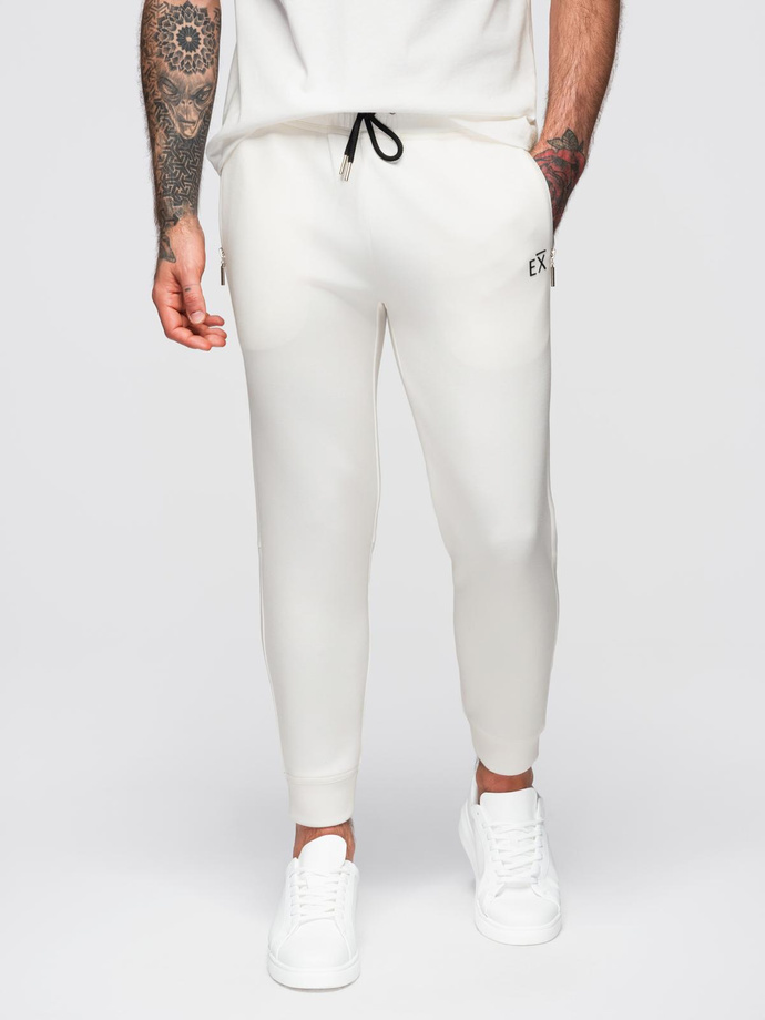 Men's sweatpants with ribbed legs and rubber print - white V2 OM-PASK-0223