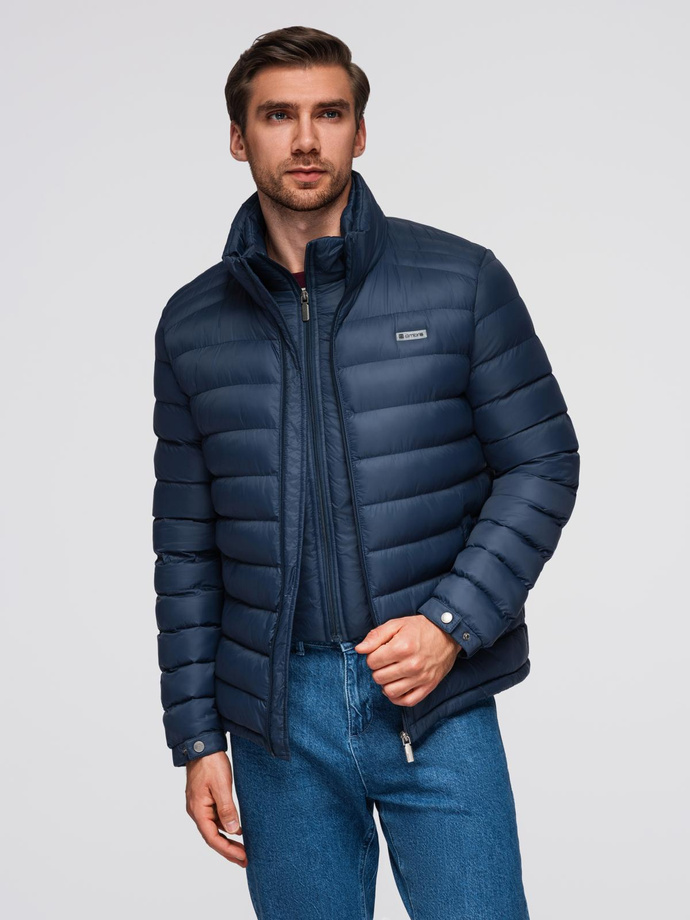 Men's quilted jacket with two fasteners - navy blue V1 OM-JALP-0231