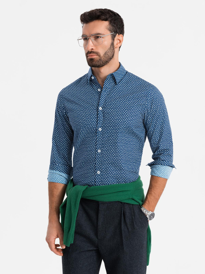Męska koszula w drobny wzór SLIM FIT - granatowa V1 OM-SHCS-0140