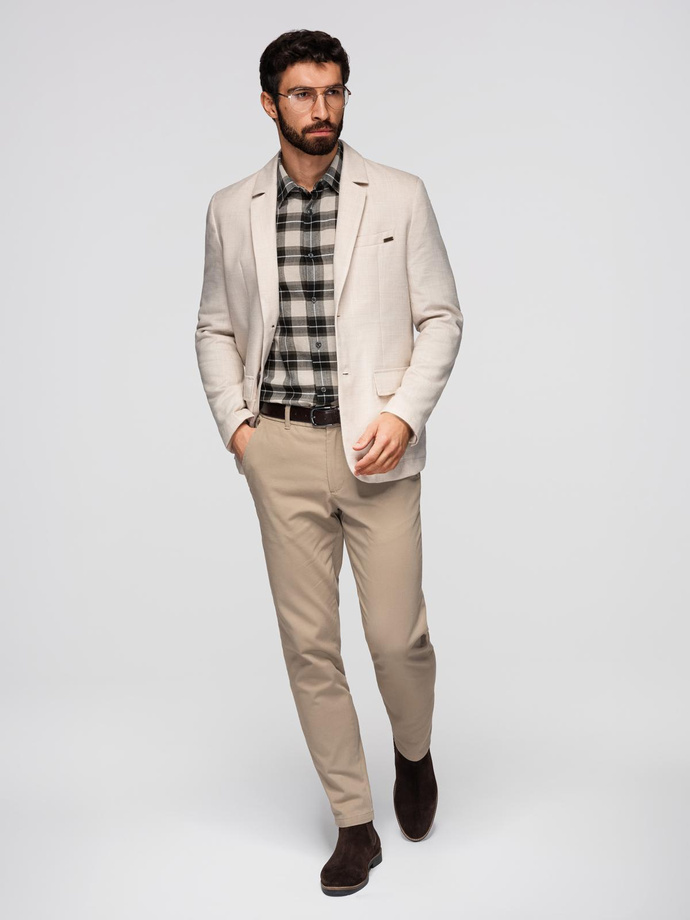Men's REGULAR cut blazer with linen - cream V1 OM-BLZB-0128