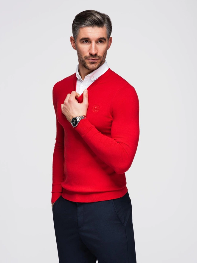Men's sweater with a "v-neck" neckline with a shirt collar - red V4 OM-SWSW-0102